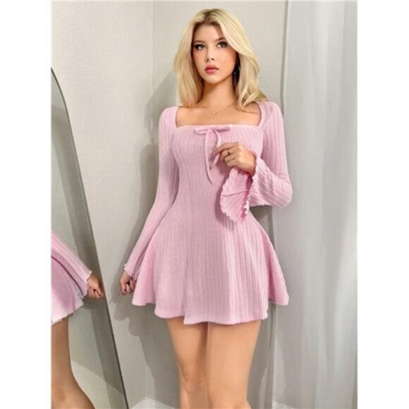 Color Square Neck Flare Sleeve Mini Y2K Fall Women  Long Sleeve Going Out Dress - Picture 5 of 5